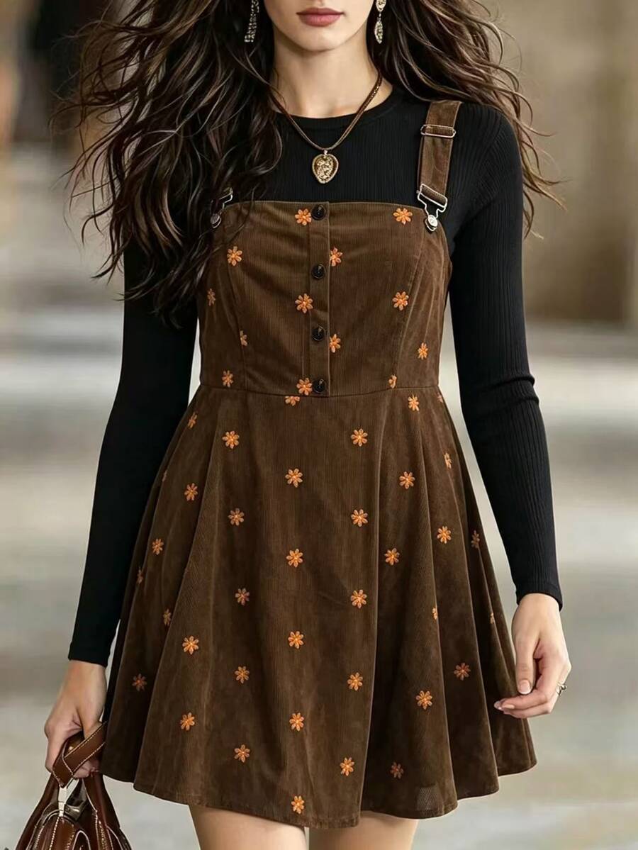 Auvina Plus Size Women Solid Color Long Sleeve Top And Suspender Dress Set - Brown - View 1