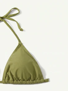 Swim Basics Women's Summer Beach Solid Color Halter Tie Sexy Bikini & Triangle Bottom Two-Piece Swimsuit Set - Olive Green - View 3