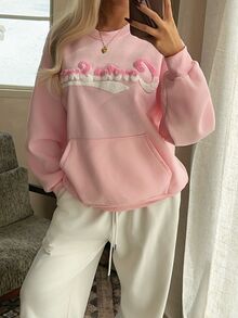 CovetEZ Sweatshirt Wanita Kerah Bulat Lengan Panjang dengan Dekorasi Huruf Gaya Kasual Manis - Berwarna merah muda - View 4
