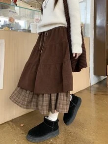 DAZY Women's Waist Tie Patchwork Plaid Ruffle Hem Vintage Skirt - Coffee Brown - View 6