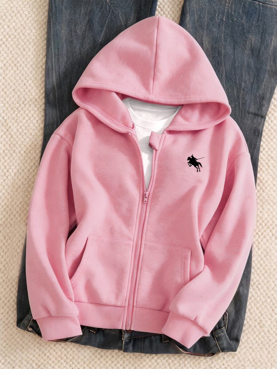 SHEIN Sparklyn 秋冬女款連帽拉鍊外套 混搭街頭風休閒圖案 防寒針織面料 寬鬆版型 校園學生風 黑粉配色 - 粉色 - 查看 1