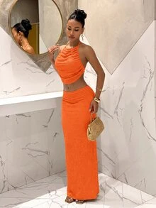 Slaydiva 女款性感短版百褶掛脖上衣與長裙兩件套 - 橘色 - 查看 3