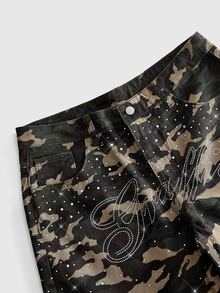 ROMWE MEN Street Life Men's Camouflage Pattern Pocket Denim Shorts - Black/Green - View 2