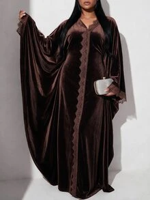 Veilorie Plus Size Women's Contrast Lace V-Neck Batwing Sleeve Elegant Dress - Brown - View 7
