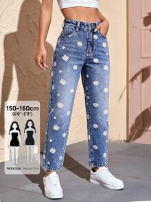 SHEIN PETITE 女款休閒日常牛仔褲，附口袋、鈕扣與花卉圖案 - 藍色 - 查看 1