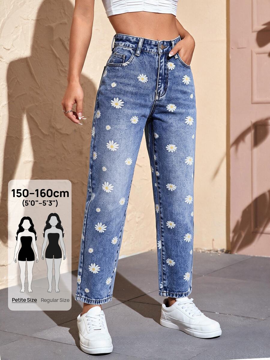 SHEIN PETITE 女款休閒日常牛仔褲,附口袋、鈕扣與花卉圖案 - 藍色 - 查看 1