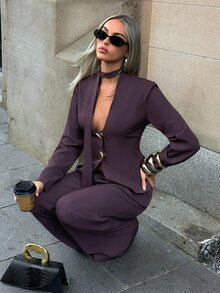Aloruh Women's Halter Neck Ribbon Metal Decor Button Top And Wide Leg Pants Suit Set - Coffee Brown - View 7