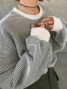 FRIFUL 女款圓領長袖條紋休閒法式T恤，黑白條紋，適合早午餐與秋季穿著 - 白色 - 查看 1