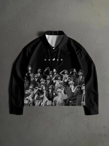 Manfinity ZONE917 Men American Style Loose Fashion Casual Distressed Vintage HUMAN Graphic Black Long Sleeve Cropped Shirt, Goth - Black - View 1