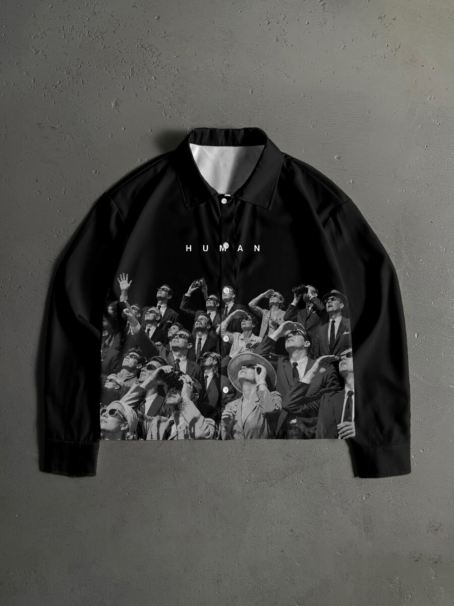 Manfinity ZONE917 Men American Style Loose Fashion Casual Distressed Vintage HUMAN Graphic Black Long Sleeve Cropped Shirt, Goth - Black - View 1