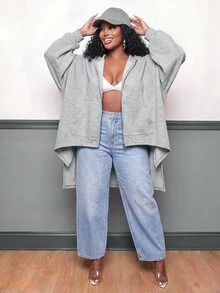 Slaydiva Plus Size Women's Hoodie, Grey Batwing Irregular Hem Plus Size Zip Up Cardigan Sweatshirt - Grey - View 12