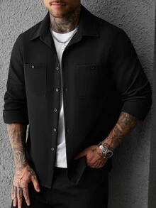 SLATEMANN Men's Single-Breasted Long Sleeve Pocket Shirt Casual Everyday Wear - Black - View 7