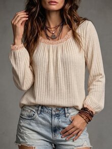 Glimmora New Women's Fashion Casual Versatile Raglan Sleeve Ribbed Lace Patchwork Long Lantern Sleeve T-Shirt - Multicolor - View 7