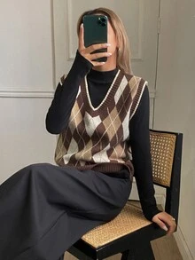 DAZY 女款時尚菱格紋提花針織背心 格紋 - 棕色 - 查看 5
