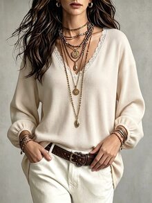 Glimmora 女款時尚休閒基本款V領蕾絲飾邊寬鬆燈籠長袖T恤 - 彩色 - 查看 4