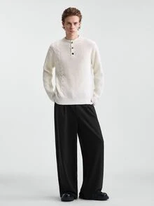 RONVEXI 男士半高領長袖套頭毛衣，休閒針織秋冬服飾，米色寬鬆時尚通勤穿搭，簡約百搭麻花編織套頭毛衣 - 米色 - 查看 3