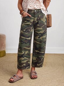 SHEIN PETITE 女款迷彩休閒日常牛仔褲，附口袋與鈕扣設計 - 軍綠色 - 查看 3