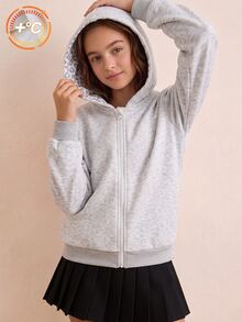 SHEIN Sparklyn 秋冬女童連帽拉鍊外套，街頭風混搭，保暖針織面料，微寬鬆版型預留成長空間，適合校園與街頭穿搭，瞬間變身活力女孩 - 灰色 - 查看 6