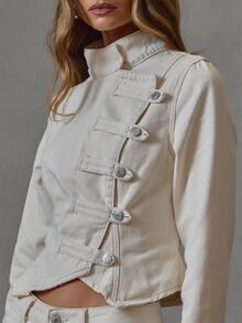MUSERA Cream Denim Asymetrical Military Jacket Fall Winter Everyday Causal Back To School Forces - Apricot - View 3