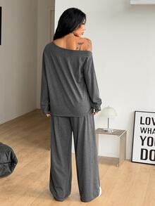 Coolane Women's Fall Winter Minimalist Streetwear Basic Daily Wear Going Out Sport Cold Shoulder T-Shirt And Wide Leg Sweatpants Cotton Grey 2 Pack - Dark Grey - View 7