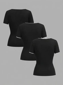 SHEIN EZwear 3件組女款圓領短袖T恤 - 黑色 - 查看 2