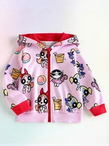 THE POWERPUFF GIRLS X SHEIN Kids Young Girl Cartoon Print Zip-Up Hooded Autumn Sweatshirt - Pink - View 1