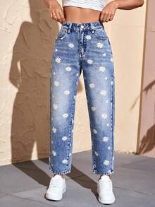 SHEIN PETITE 女款休閒日常牛仔褲，附口袋、鈕扣與花卉圖案 - 藍色 - 查看 3