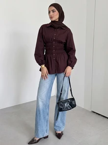 Veilorie Women's Solid Color Pleated Casual Versatile Daily Wear Shirt - Brown - View 3