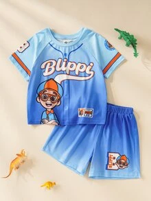 Blippi X SHEIN Young Boys Crew Neck Striped Letter Print T-Shirt And Shorts Set - Blue - View 1