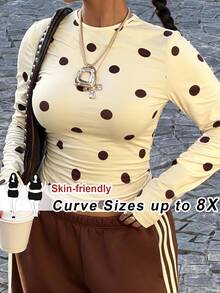 SHEIN CURVE+ تي شيرت مقاس كبير بياقة دائرية وأكمام طويلة بنقشة نقاط للربيع والخريف - متعدد الألوان - مشاهدة 1