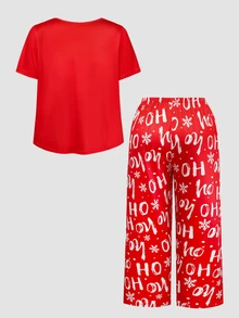 Chillnights Plus Size Christmas Print Crew Neck Short Sleeve Pajama Top And All-Over Print Pajama Pants Set - Red and White - View 2