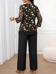 SHEIN Lady Damset med 2 delar, rundhalsad blomsterbroderad långärmad transparent topp och enfärgade byxor - Multifärgad - Visa 2