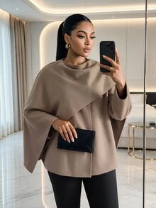 SHEIN Lady Plus Size Women's Solid Color Casual Versatile Daily Overcoat Winter - Brown - View 9