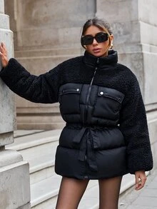 SHEIN جاكيت منفوخ محشو بالريش للنساء بتصميم دب تيدي مع ياقة واقفة وملمس بارز متناسق - الأسود - مشاهدة 5