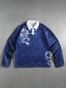 ROMWE MEN Chinese Style Blue And White Porcelain Dragon Digital Print Long Sleeve Polo Shirt T-Shirt, New Chinese Style Stand Collar Frog Button Contrast Color Raglan Loose Fit Unisex Retro Brand Top - Blue - View 1
