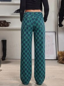 SHEIN Tall 女款迷彩水洗格紋直筒牛仔褲 - 彩色 - 查看 2
