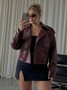 SHEIN CURVE+ Plus Size Double Breasted Lapel Pocket Long Sleeve Cropped PU Jacket Winter - Rust Brown - View 2