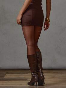 MUSERA Rok Mini Cokelat Anyaman dengan Detail Kancing untuk Musim Gugur dan Musim Dingin, Cocok untuk Sehari-hari, Kasual, untuk Acara Jalan-jalan, Gaya Gadis Keren, Festival, dan Pesta. - Coklat - View 3