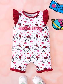HELLO KITTY AND FRIENDS | SHEIN Baby Girl Cartoon Print Round Neck Flutter Sleeve Cute Romper - Red - View 1