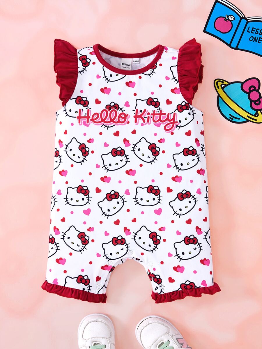 HELLO KITTY AND FRIENDS | SHEIN Baby Girl Cartoon Print Round Neck Flutter Sleeve Cute Romper - Red - View 1