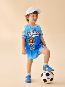 Blippi X SHEIN Young Boys Crew Neck Striped Letter Print T-Shirt And Shorts Set - Blue - View 7