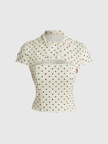 ROMWE Y2K Women's Collared Short Sleeve Hollow Chest Polka Dot Sexy Two Pieces Top - Apricot - View 1