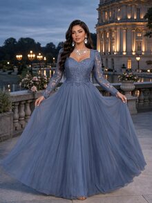 Auveirra Plus Size Women's Contrast Lace Sweetheart Neck Long Sleeve Mesh Hem Elegant Dress - Blue - View 8