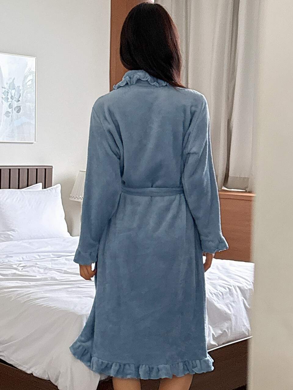 Women's Solid Color Patchwork Ruffle Long Sleeve Elegant Robe