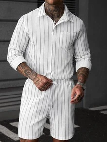 SLATEMANN Set Kemeja Lengan Panjang Motif Garis Kasual Pria dan Celana Pendek Tali Serut - Putih - View 6