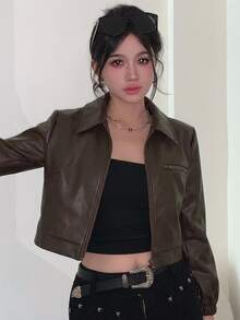 DAZY 秋冬復古棕色街頭寬鬆休閒短版PU皮革機車夾克女款上衣 Y2K - 棕色 - 查看 8