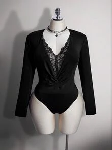 SHEIN ICON Women Plus Size Lace Patchwork Casual Daily Long Sleeve Bodysuit - Black - View 3