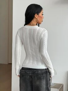 Coolane 女款秋冬優雅休閒基礎日常穿著 100%純棉保暖V領長袖修身白色針織衫 - 白色 - 查看 5