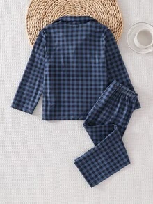2件組男童幼兒居家服套裝，兒童藍黑格紋睡衣套裝，男童翻領熊刺繡休閒服長袖2件套 - 寶藍色 - 查看 2
