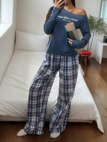 DAZY Women's Letter Print Asymmetric Shoulder Long Sleeve Top And Plaid Pants Pajama Set - Blue - View 6